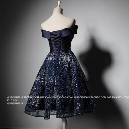 Off Shoulder Sparkle Navy Short Homecoming Party..