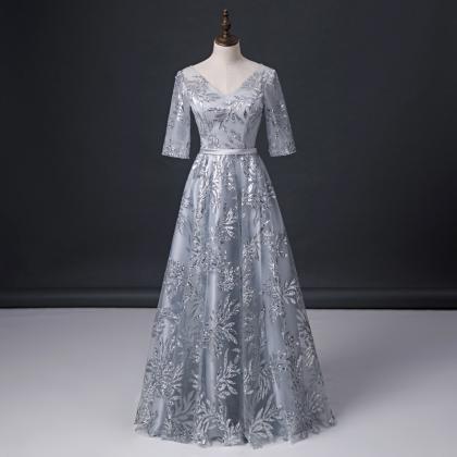 V Neck Gray Glitter Formal Occasion Dress Long..