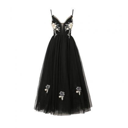 Spaghetti Straps Black Midi Dress With Floral..