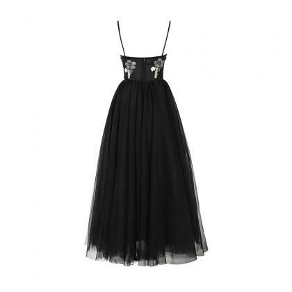 Spaghetti Straps Black A Line Sequin Flowers Cocktail Dress