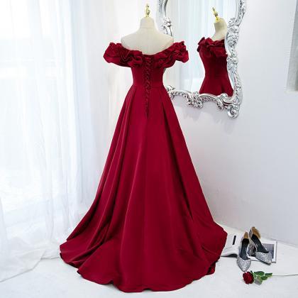 Off Shoulder Dark Red Satin Formal Dress Evening..