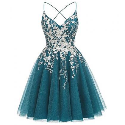 V Neck Short Hoco Party Dress With Lace Appliques