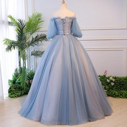 Latern Sleeves Blue Princess Dress Formal Gown