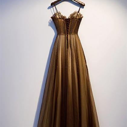 Spaghetti Straps Brown Formal Dress Evening Gown