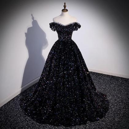Off Shoulder Sparkle Black Sequin Pageant Dress..