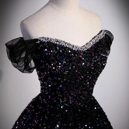 Off Shoulder Sparkle Black Sequin Pageant Dress..