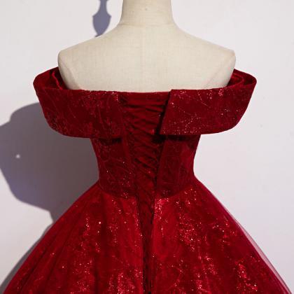 Dark Red Off Shoulder Glitter Ball Gown Pageant..