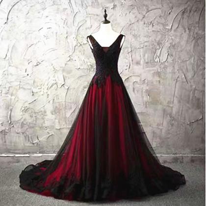 V Neck Black Red Formal Occasion Dress With Court..