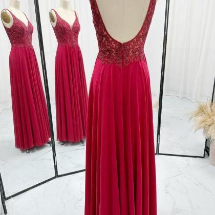 Dark Red Chiffon Long Prom Dress