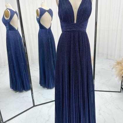 Plunging Neck Pleated Navy Prom Dress With Open..