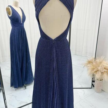 Plunging Neck Pleated Navy Prom Dress With Open..