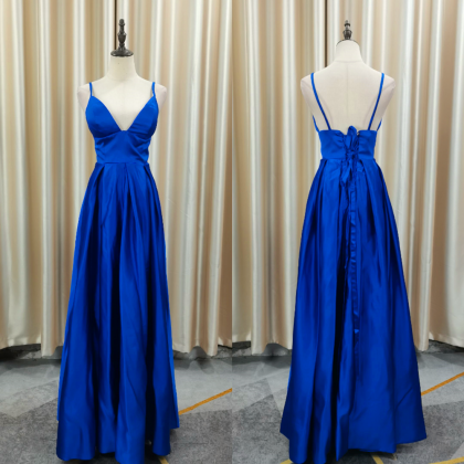 V-Neck Floor-Length Satin Prom Dress Ink Blue