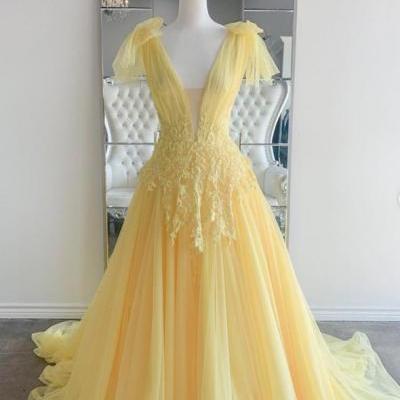 V Neck Yellow Long Formal Occasion Dress Pageant Evening Gowns