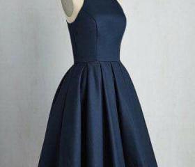 Satin Knee-Length Sheath Square Neckline Dress Navy Blue