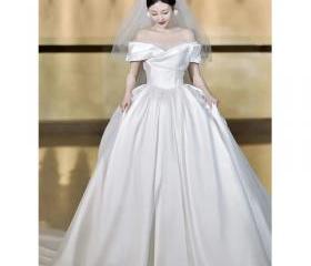 V-Neck Satin Gown with Pleated Off-Shoulder Detail Mist main image 1