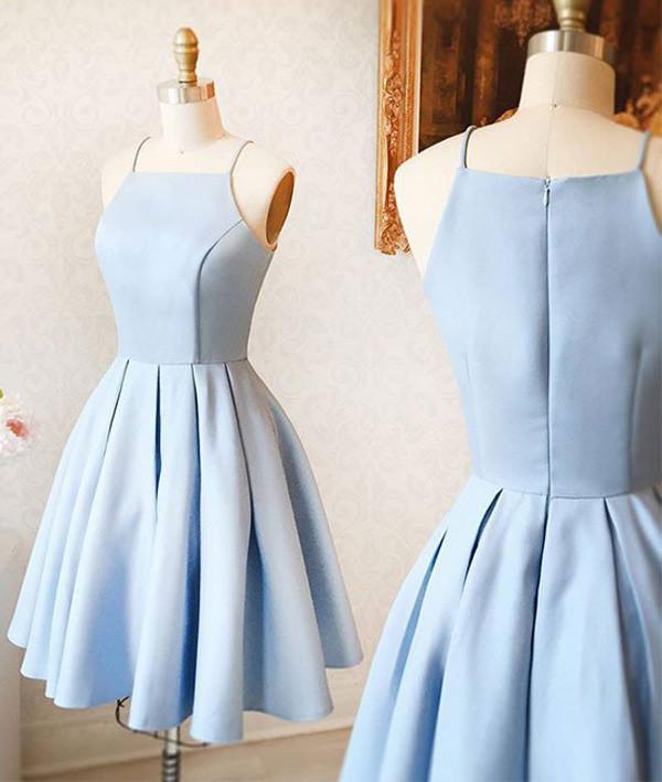 Blue Satin Short Semi Formal Occasion Dress Hoco Party Dress Homecoming