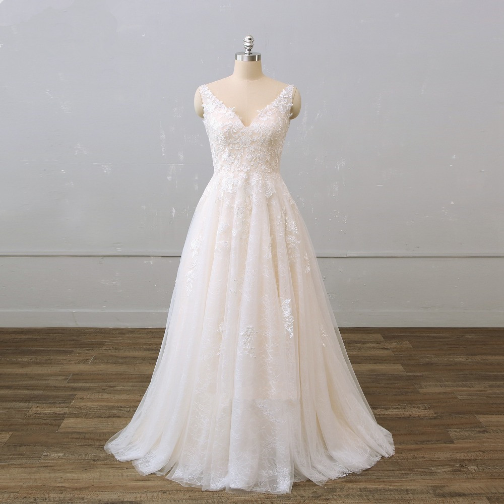 V Neck Floor Length Lace Wedding Dresses Long Bridal Gowns Plus Size