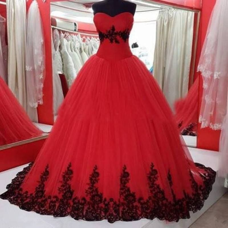 Sweetheart Red Ball Gown Pageant Dress With Black Appliques