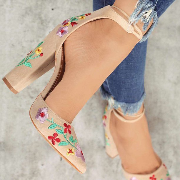 Suede Embroidered Ankle Strap High Heel Chunky Sandals Women Shoes Fashion