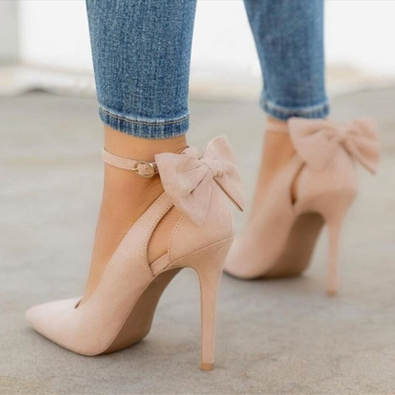 Pointed Toe Suede Women Pumps High Heels Shoes With Bow
