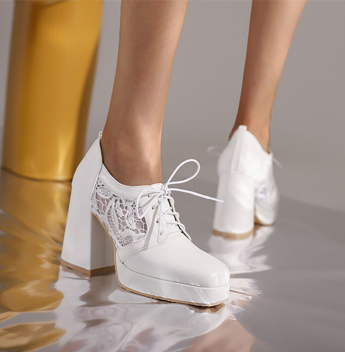 Chunky Heels Lace Decor Lace-up Front Women Shoes