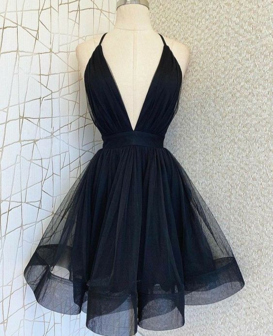 Deep Low Cut Black Short Dress