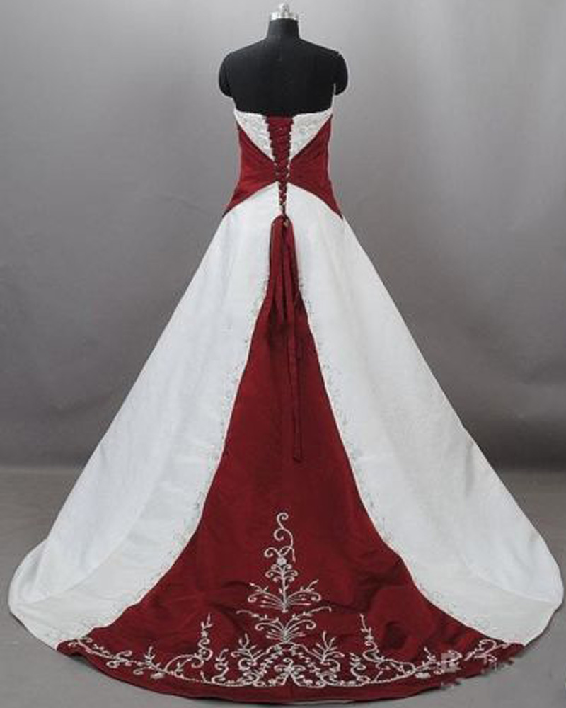 Strapless Burgundy And White Embroidered Wedding Dresses
