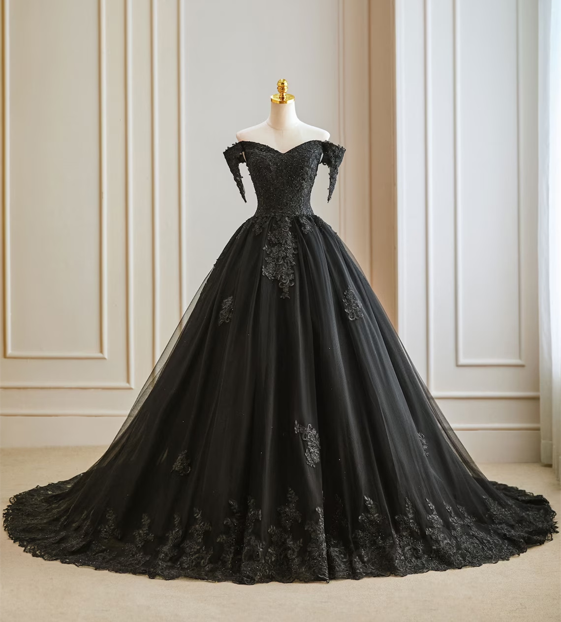 Off The Shoulder Black Gothic Ball Gown Wedding Dress