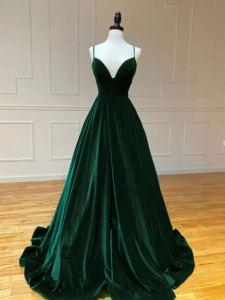 V Neck Dark Green Velvet Long Prom Dress With Lace Up Back