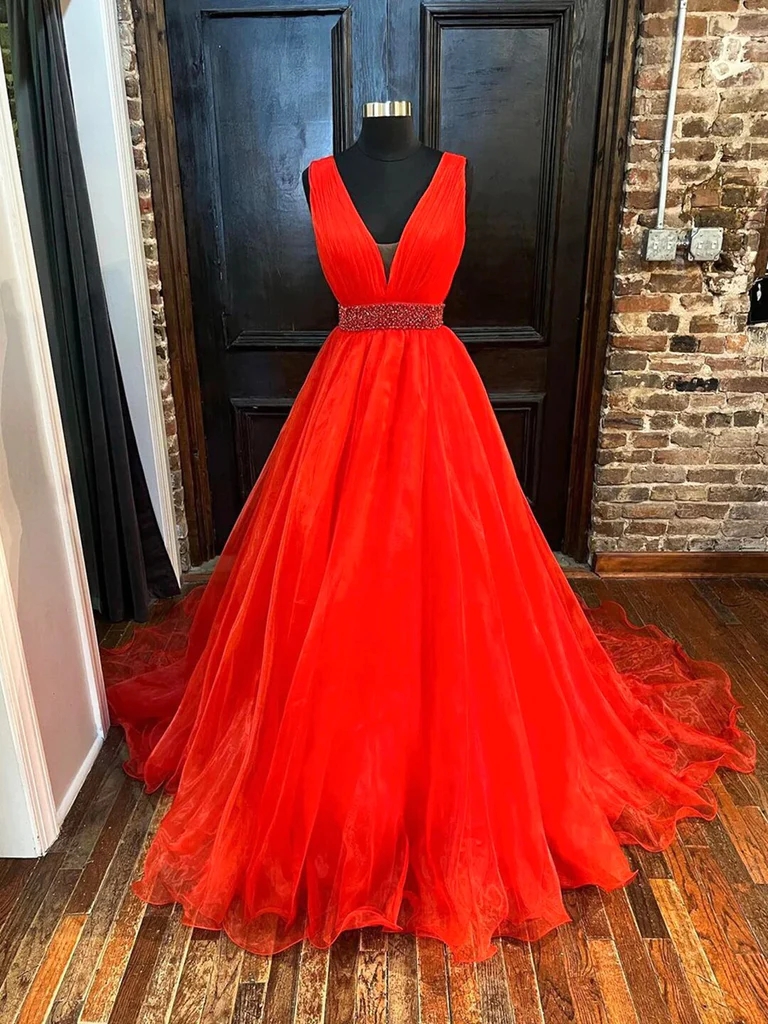 Red Plunging V Neck Floral Appliques Long Prom Dress with Slit