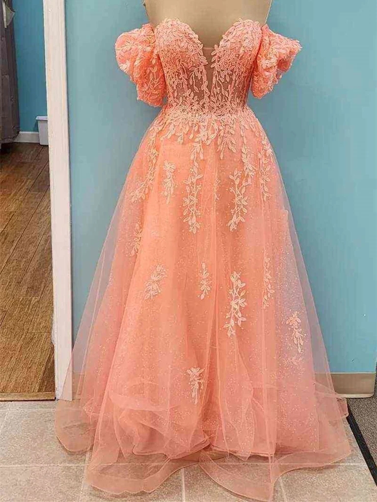 Sheer Bodice Coral Prom Dress With Detachable Puffy Sleeves Sheer Bodice Coral Prom Dress With Detachable Puffy Sleeves