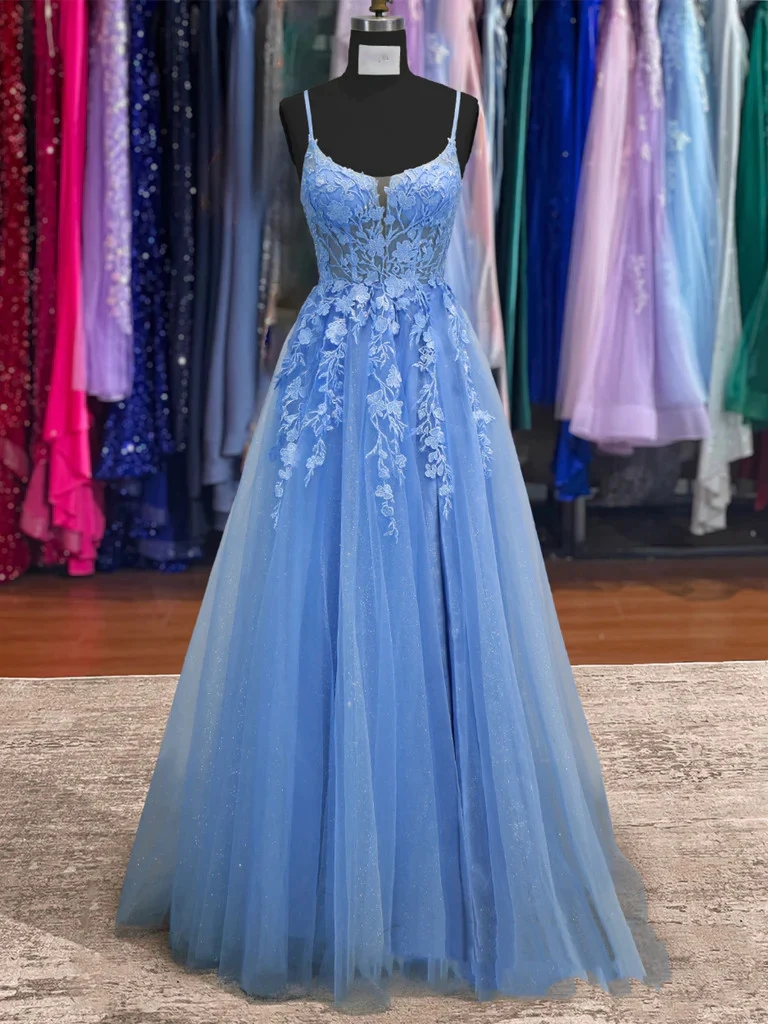 Scoop Neckline Blue Long Evening Gown Prom Dress