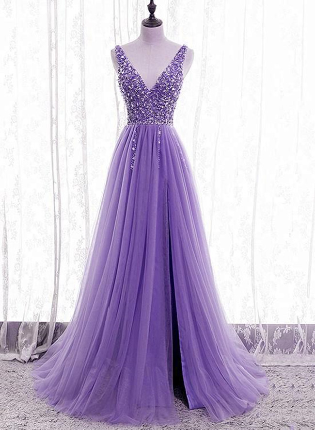 V Neck Lavender Long Prom Dress With Crystals Decor