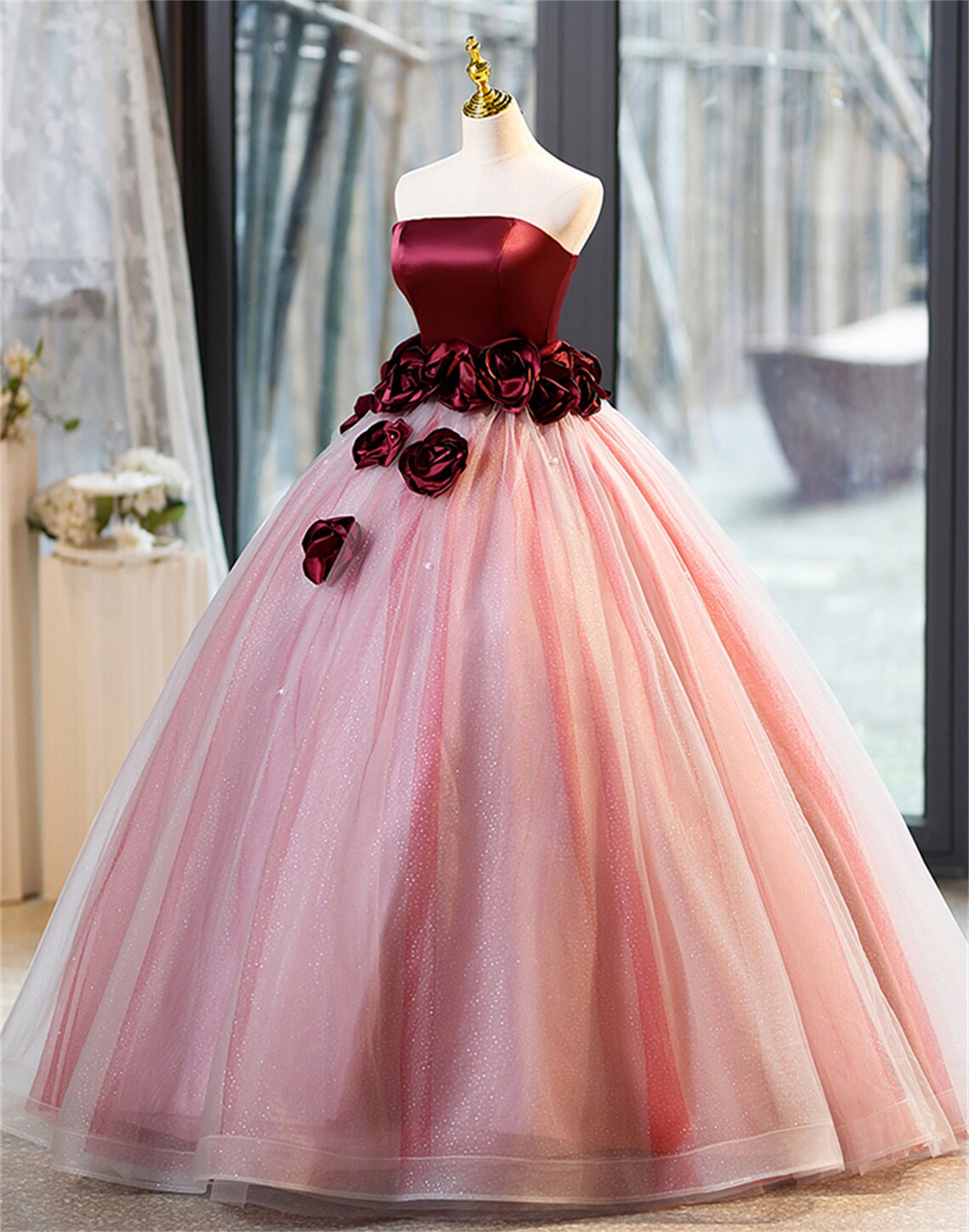 Romantic Bordeaux And Blush Floral Ball Gown
