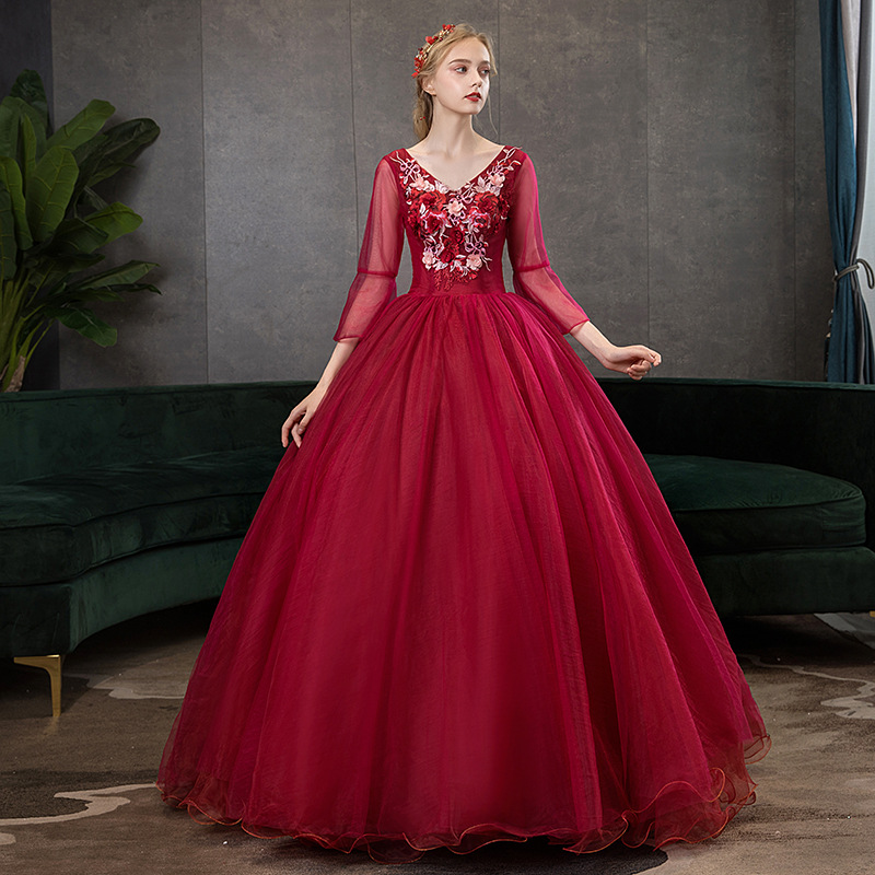 Dark Red Ball Gown Pageant Dress With Appliques