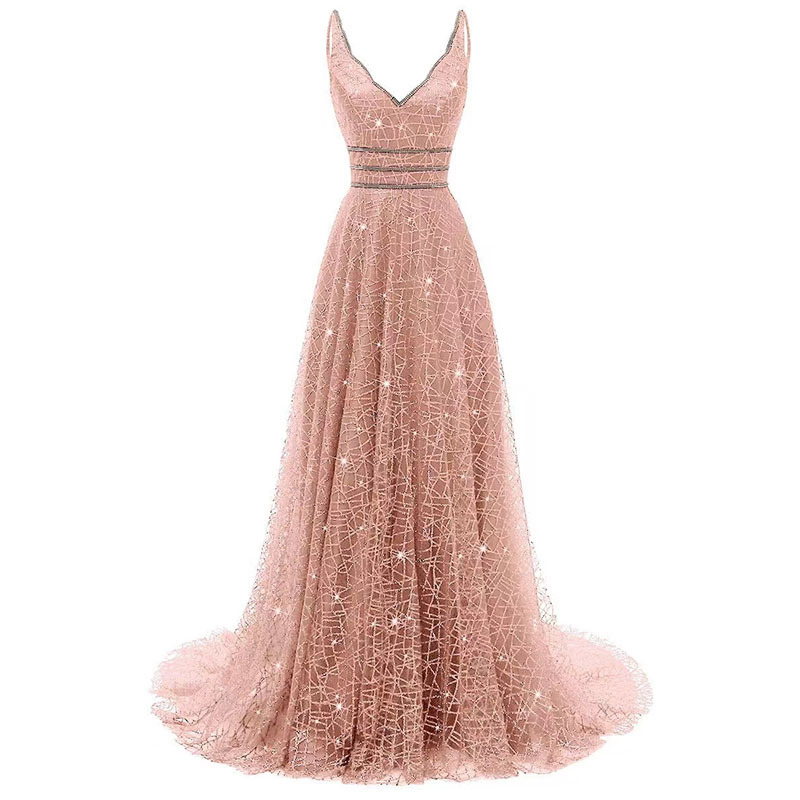 V Neck A-line Glitter Floor Length Formal Dress