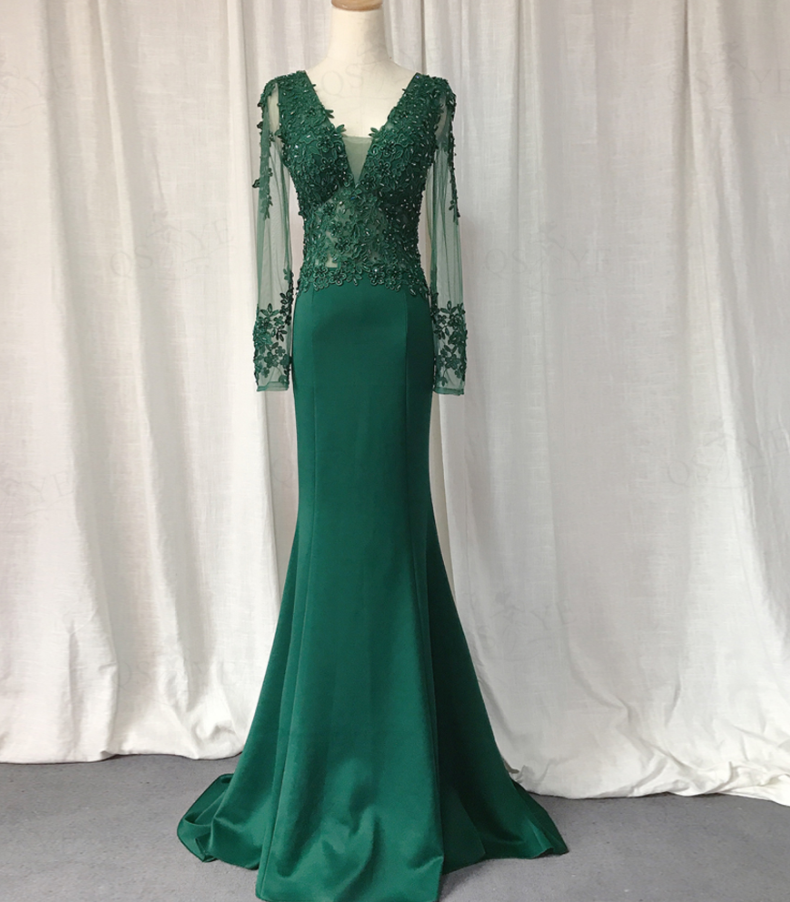 Sheer Long Sleeves Emerald Green Evening Gown