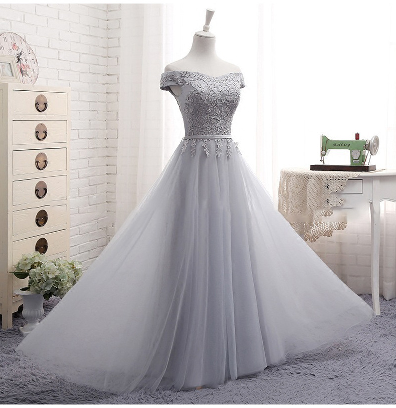 Silver Off Shoulder Long Evening Gown
