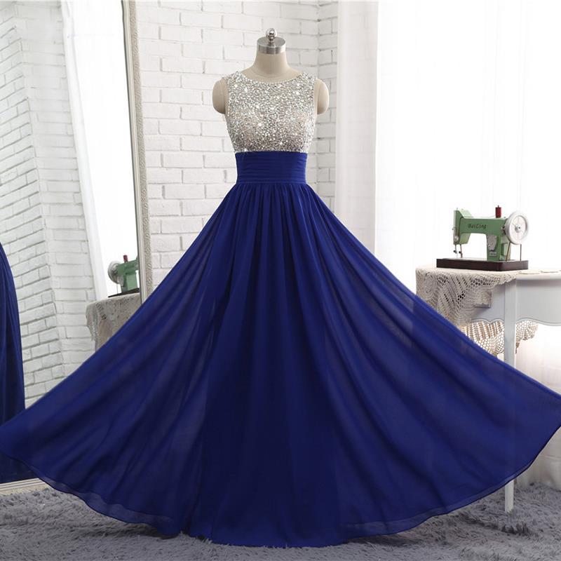 Floor Length Royal Blue Prom Dress With Beaed Sheer Bodice