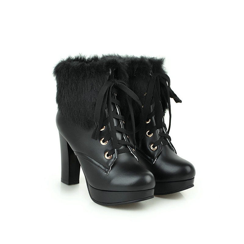 Chic Black Faux Leather Ankle Boots With Plush Fur Trim And Lace-up Front