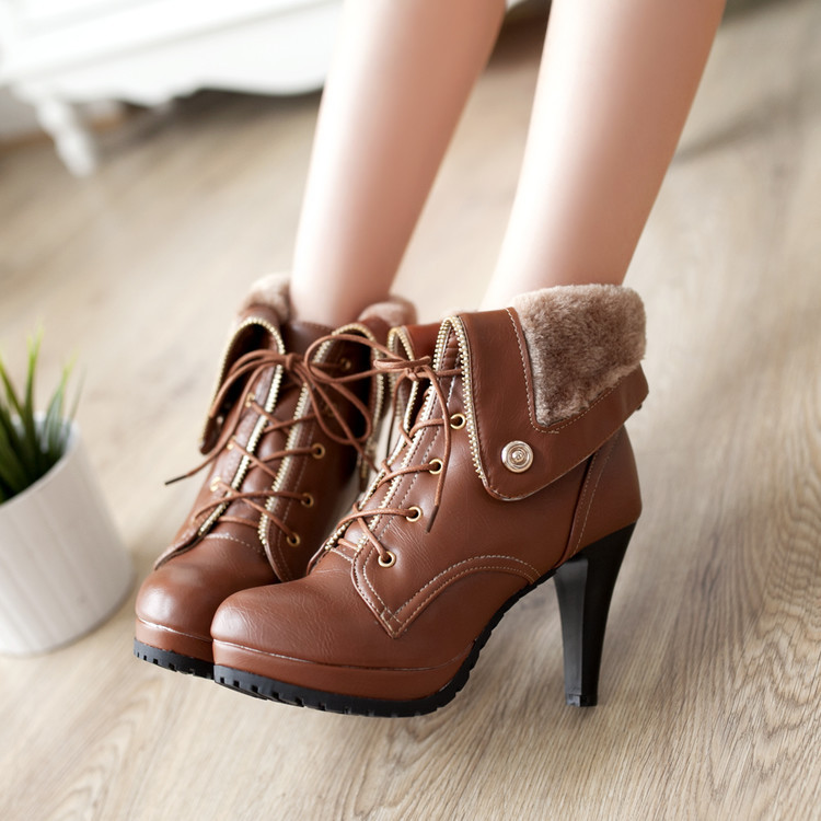 Classic Brown Lace-up Ankle Boots With Chic Fur Trim And Stiletto Heel