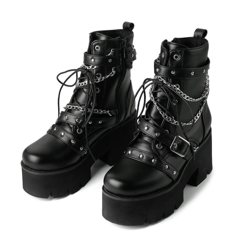 Chian Decor Punk Style Black Platform Ankle Boots