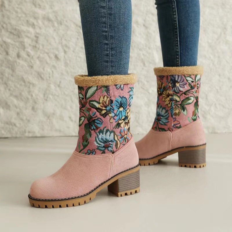 Floral Emboidery Chunky Heel Mid Calf Boots