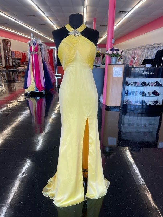 High Neck Lemon Yellow Satin Chiffon Backless Slit Prom Dress Formal Evening Gown