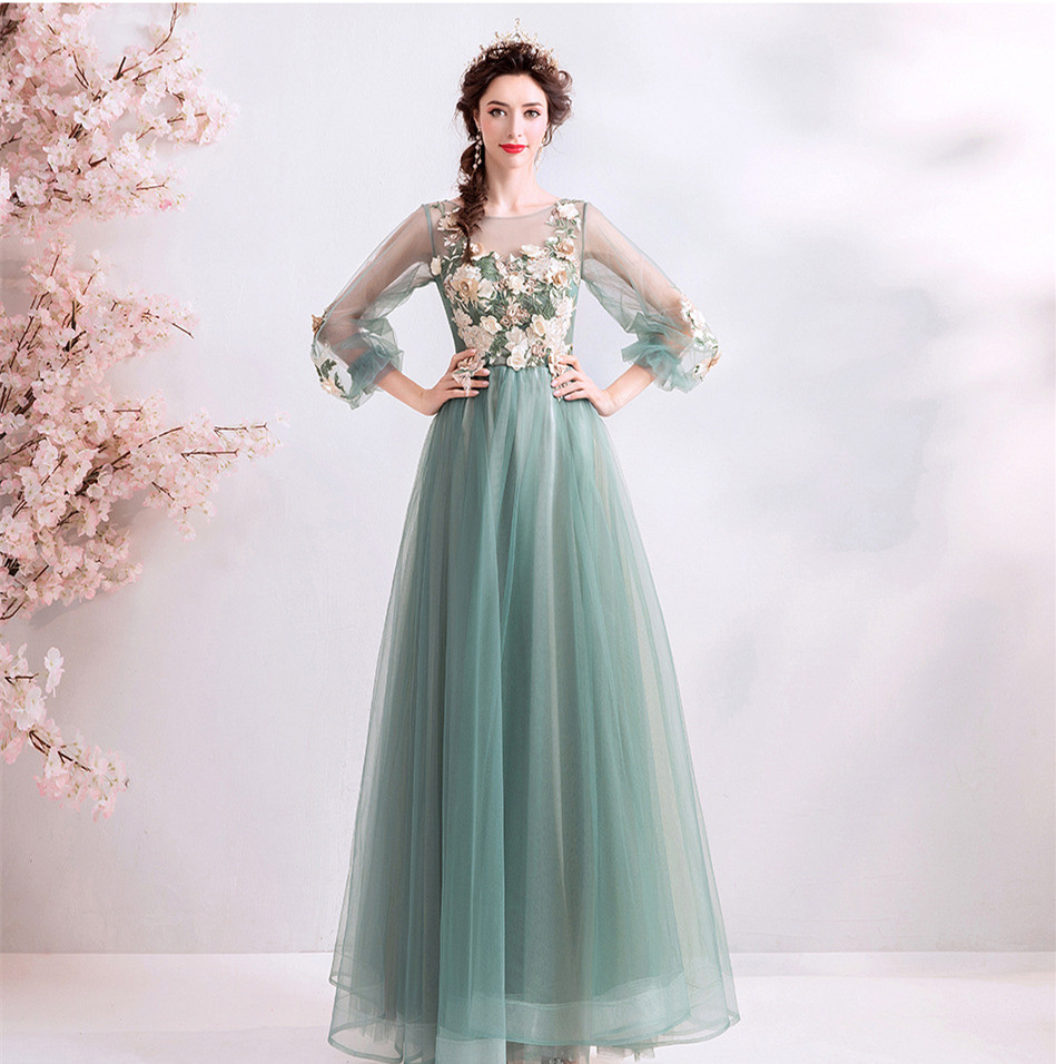 Latern Sleeves Sage Green Long Formal Occasion Dress With Floral Appliques