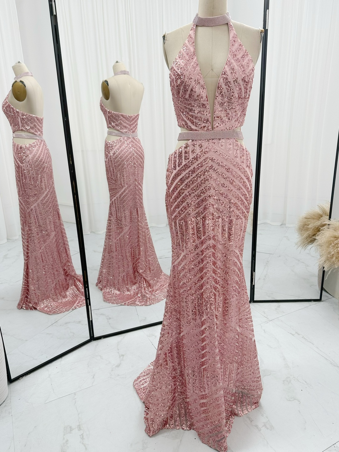 Halter Pink Sequin Sheath Prom Dress With Brush Train