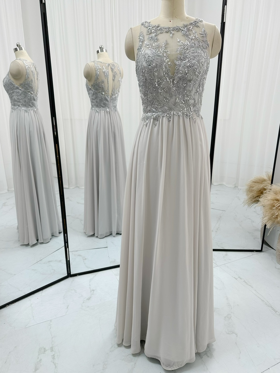 Floor Length Silver Chiffon Prom Dress