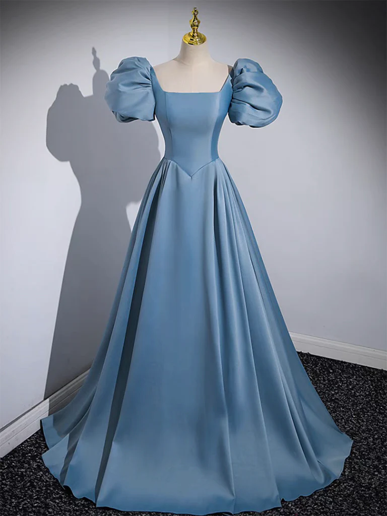 Puffy Sleeves Dusty Blue Satin Princess Dress