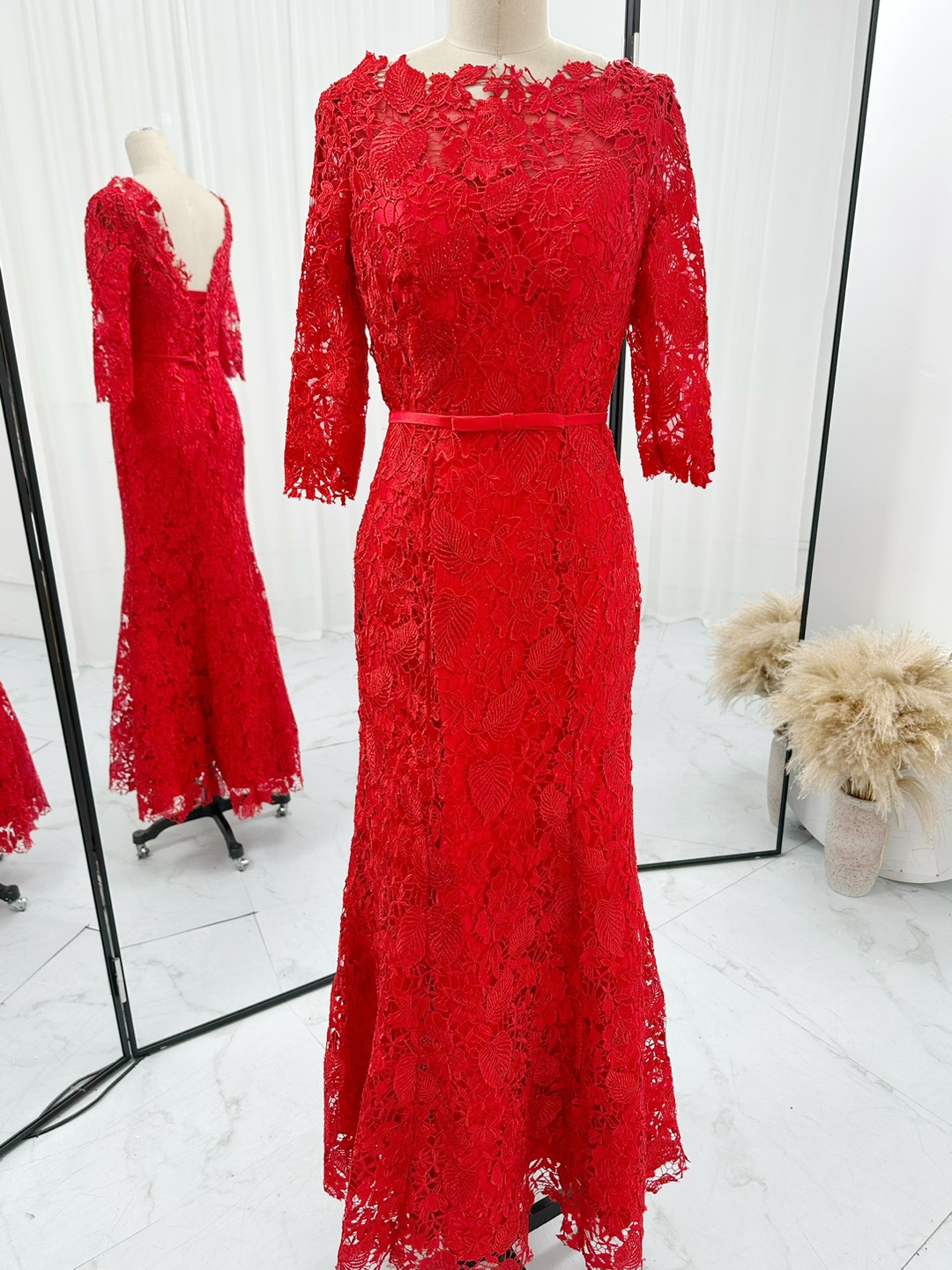 Half Sleeves Red Lace Formal Occasion Dress Long Evening Gown