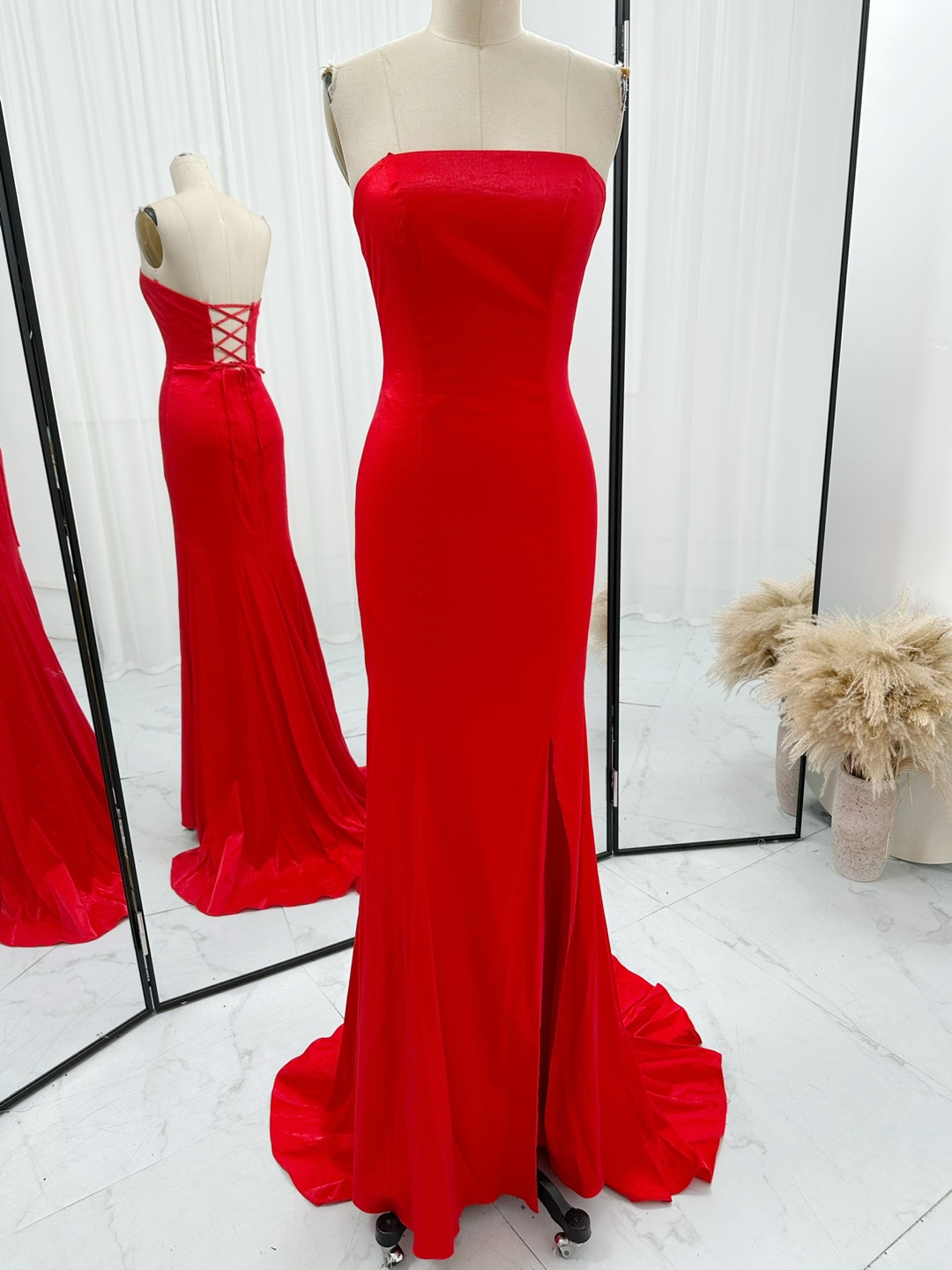 Strapless Red Prom Dress With Slit